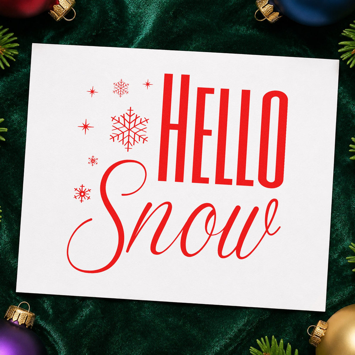 Hello Snow Snowflakes craft stamp in red ink on cardstock, an easy option for linen runner ink.
