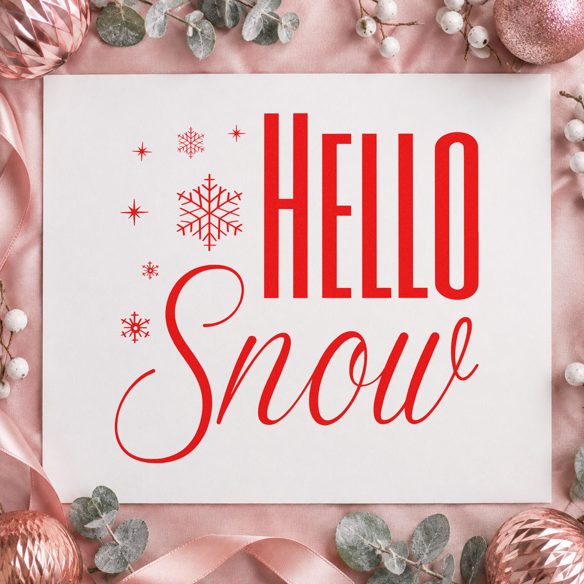 Hello Snow Snowflakes rubber stamp shown in red ink, stamped for projects such as storage box labels.