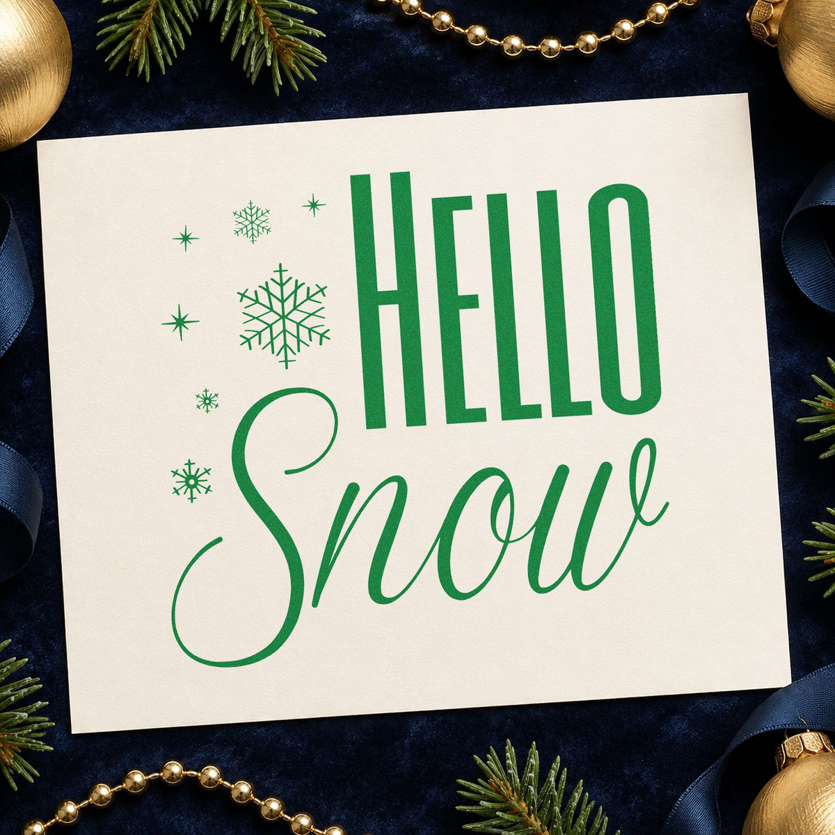 Hello Snow Snowflakes craft stamp imprint in green ink on a handmade project, one idea being open house placards.