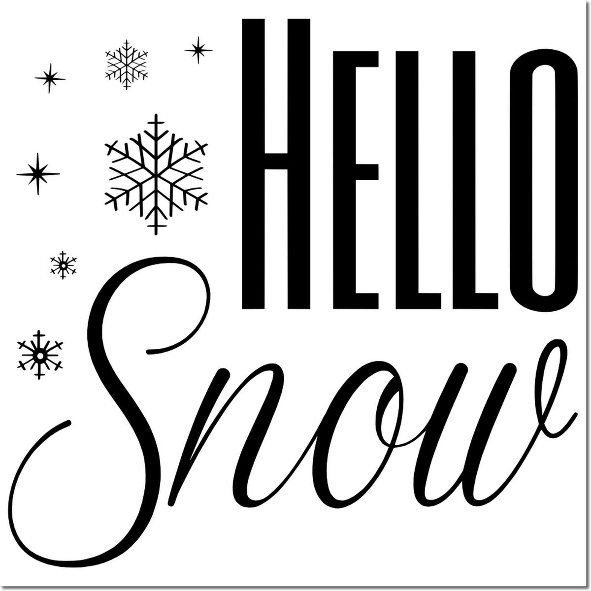 Black Hello Snow stamp and seal design with snowflakes on a white background.