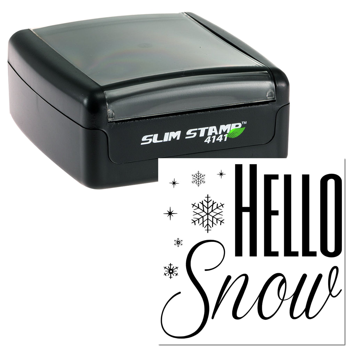 Black slim self-inking stamp with white HELLO Snow design and snowflake seal motifs on a white background.