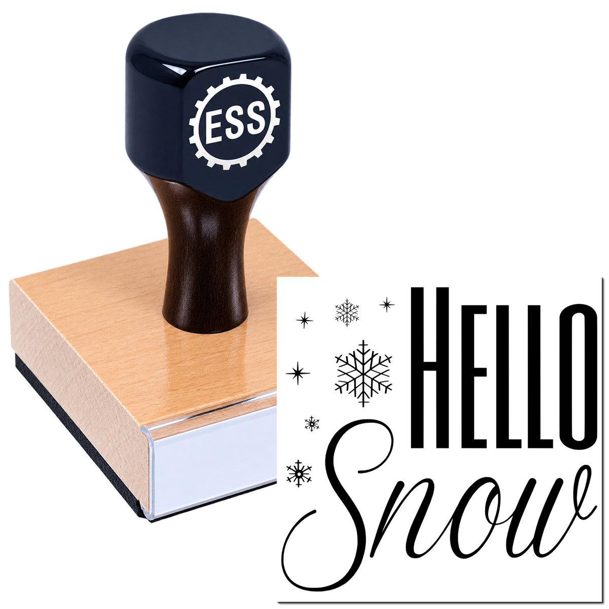 Dark navy ESS rubber stamp on tan block beside black HELLO Snow seal with snowflake accents