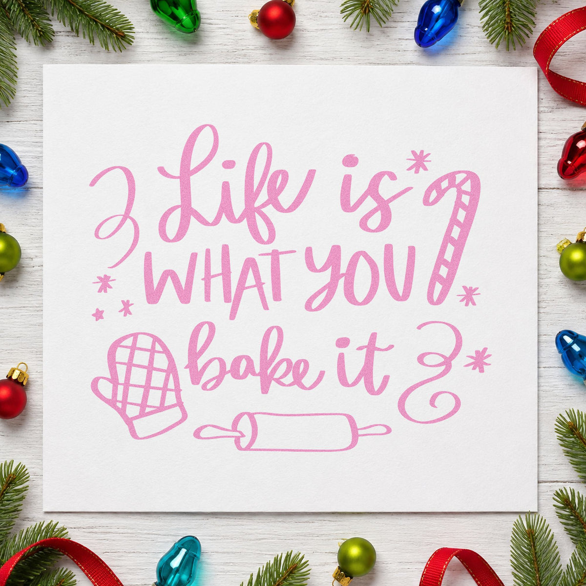 Life Is What You Bake craft stamp in purple ink on cardstock, an easy option for kids baking album.
