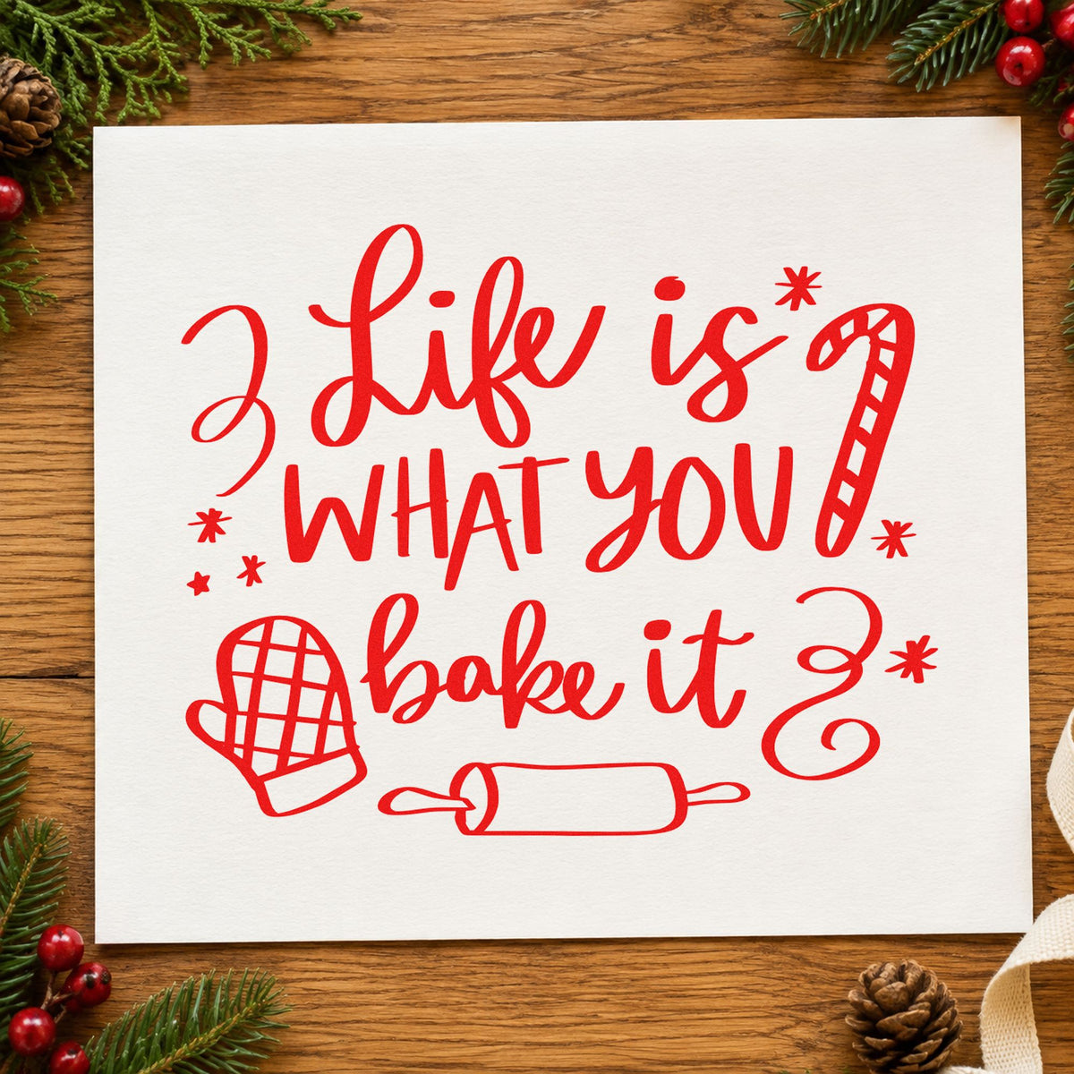 Life Is What You Bake rubber stamp shown in red ink, stamped for projects such as order box seals.