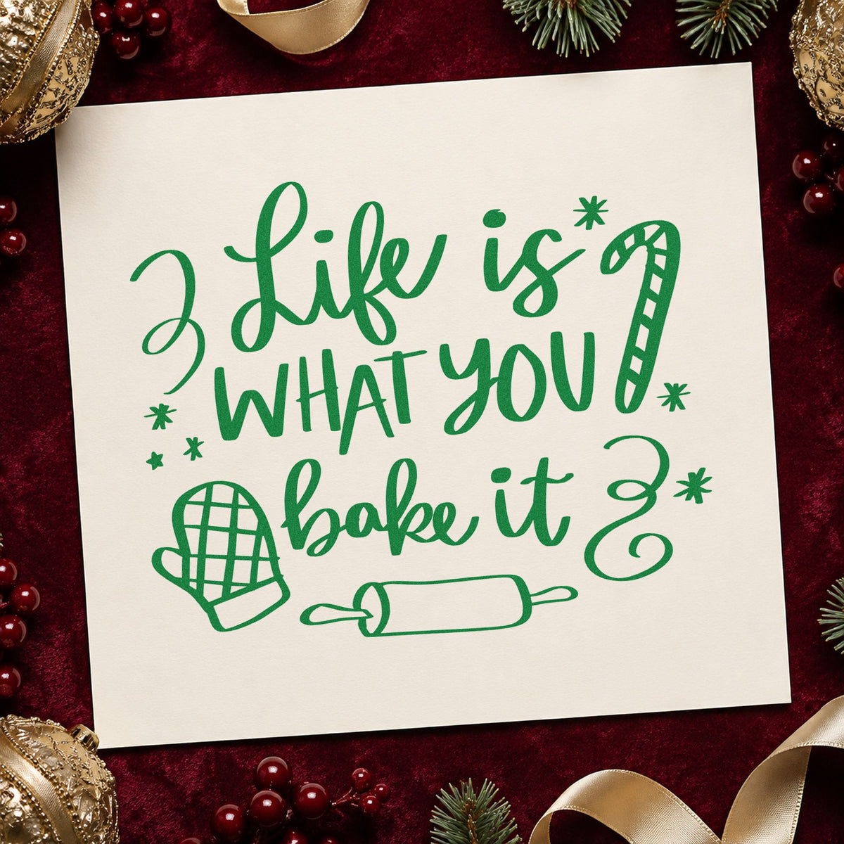 Life Is What You Bake craft stamp imprint in green ink on a handmade project, one idea being camp session rosters.