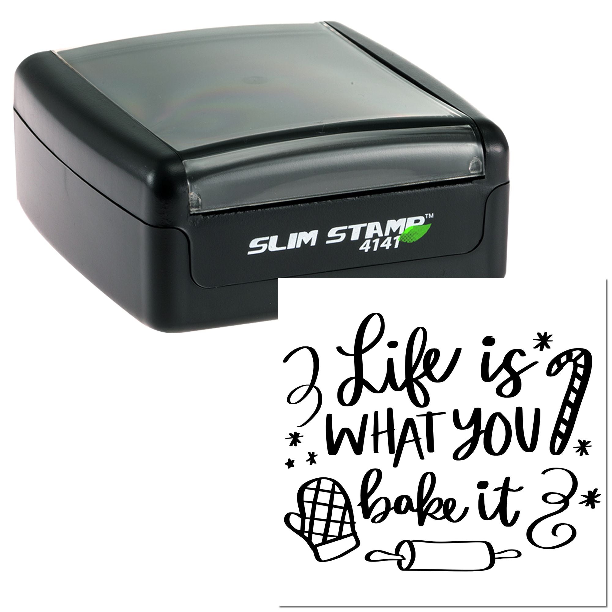 Black Slim Stamp 4141 self-inking stamp with gray cover and sample decorative seal reading 2 Like is what you bake it.