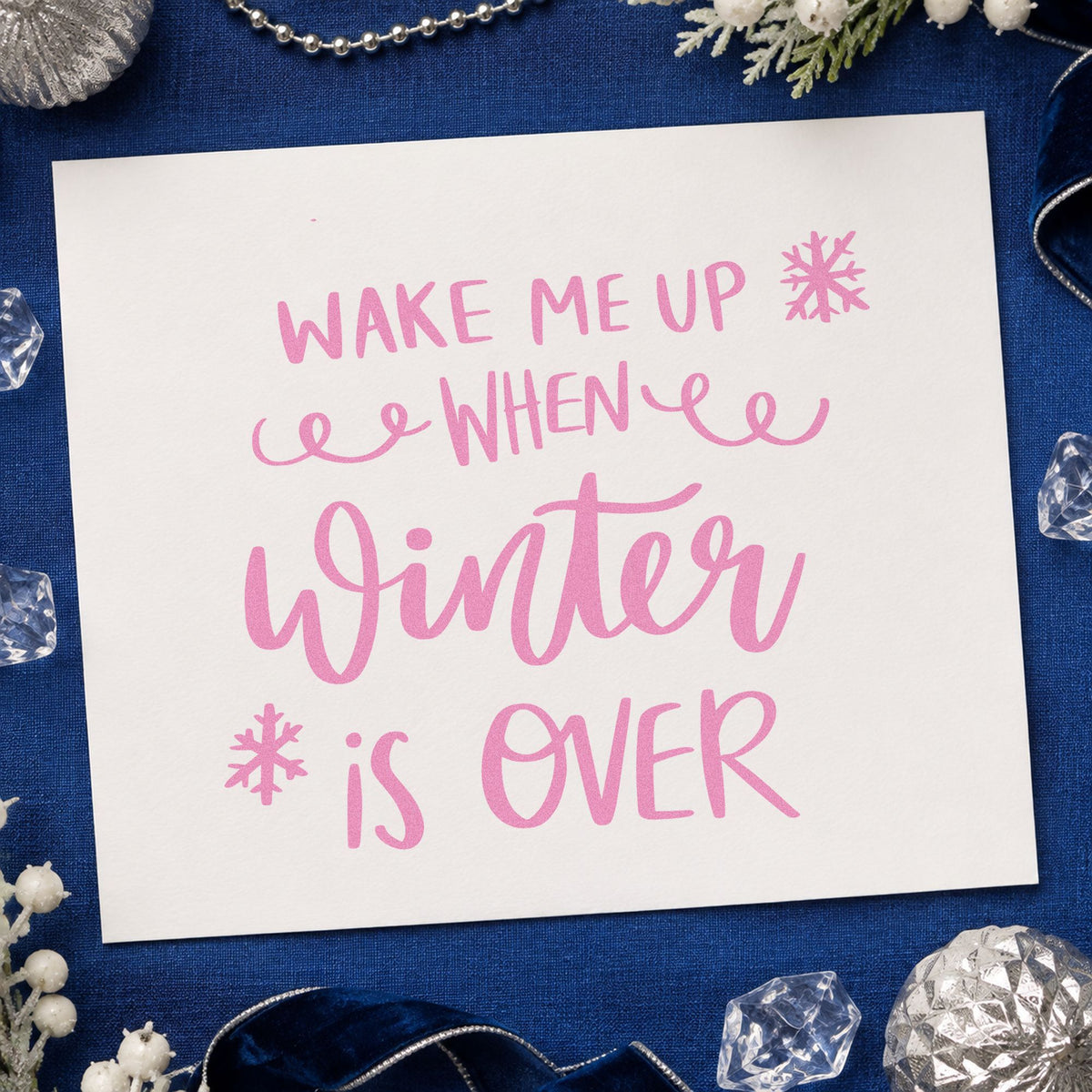 Wake Me When Winter Over craft stamp in purple ink on cardstock, an easy option for hibernation album page.