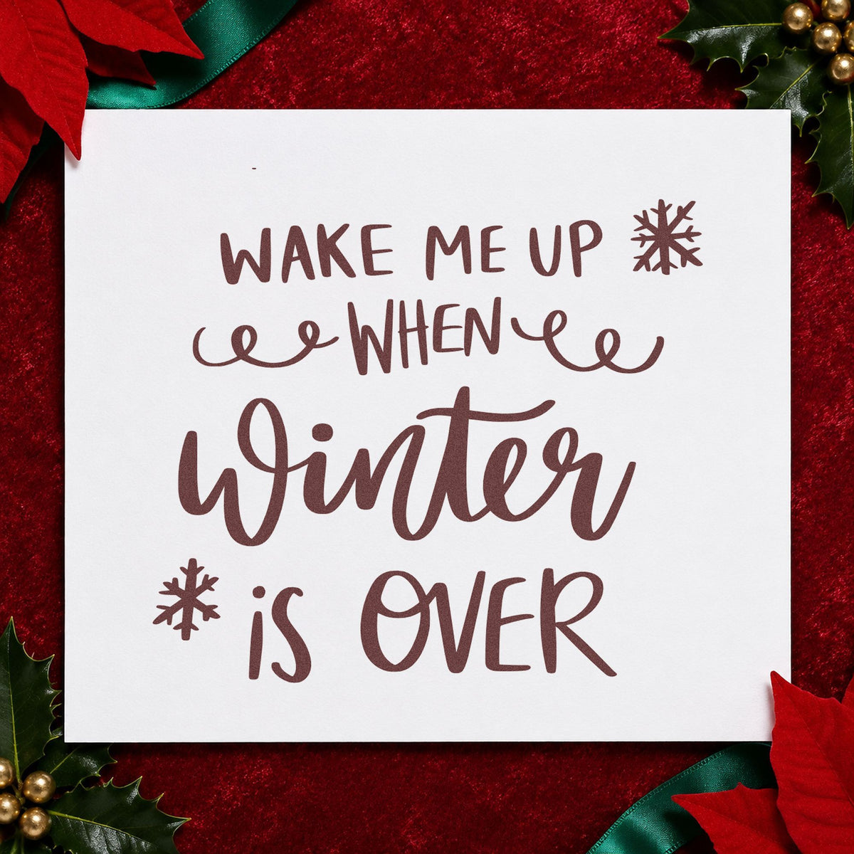 Wake Me When Winter Over rubber stamp printed in brown ink, ready for bedtime habit tracker and similar paper crafts.