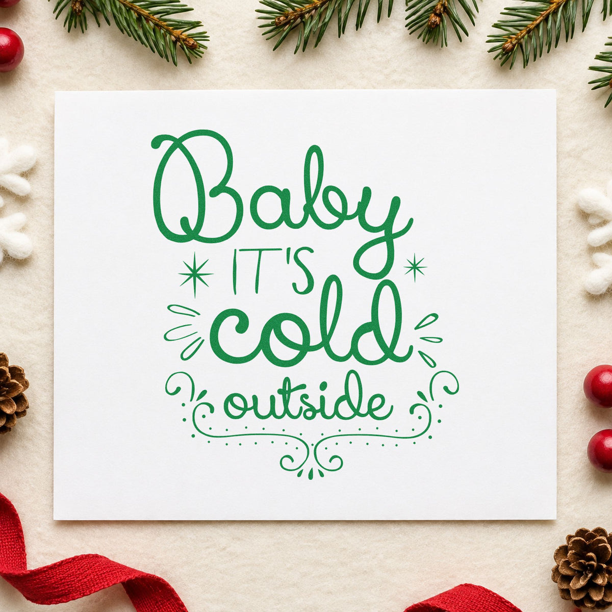 Baby It's Cold Outside Curls craft stamp imprint in green ink on a handmade project, one idea being slipper box gift tags.