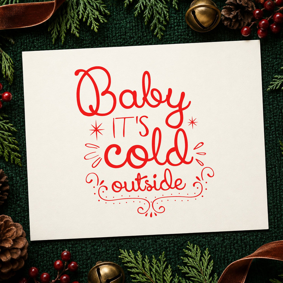 Baby It's Cold Outside Curls craft stamp in red ink on cardstock, an easy option for robe pocket printing.