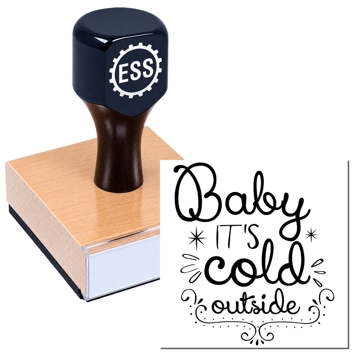 Dark navy custom stamp and seal on a wooden block, with black "Baby It's Cold Outside" script impression.