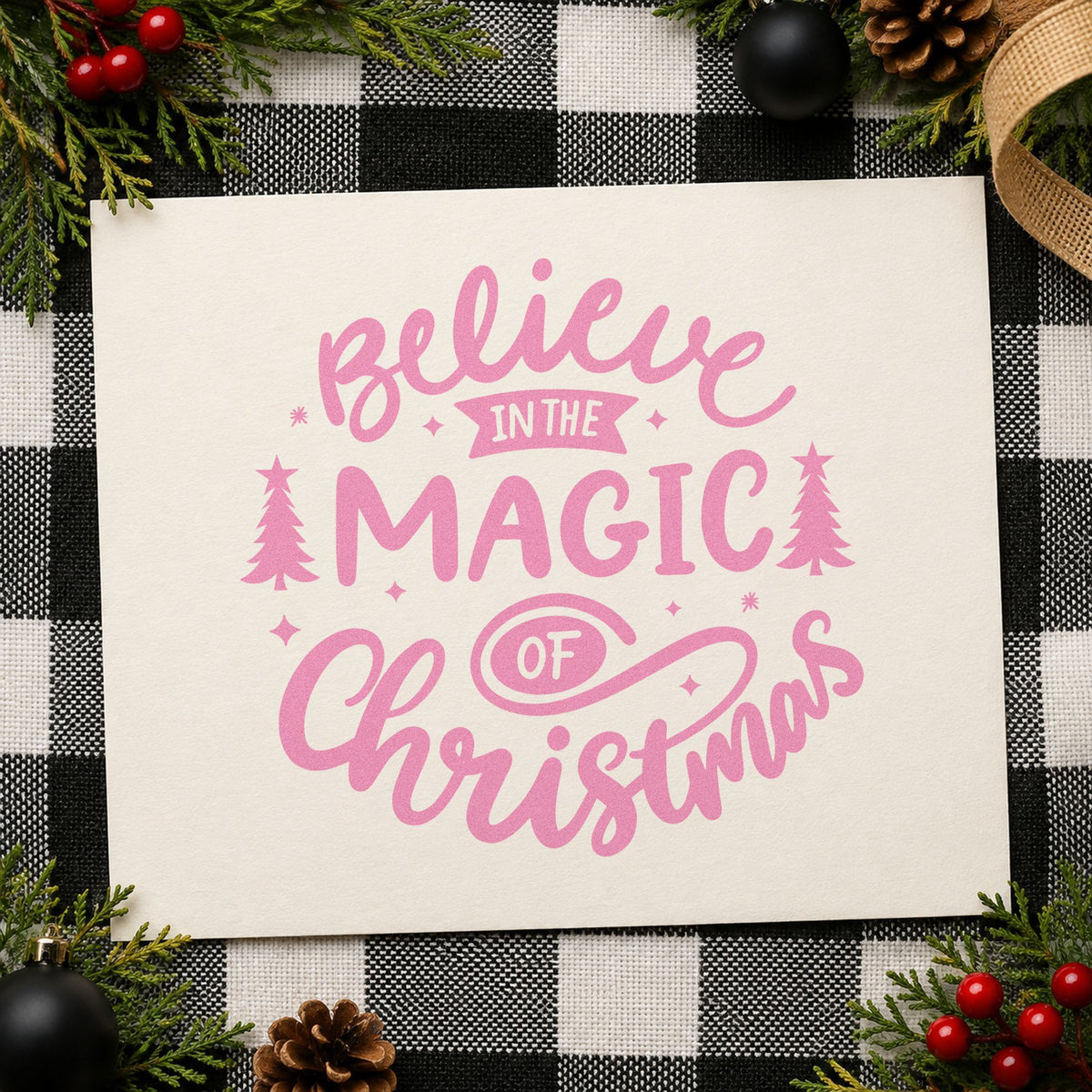 Believe Magic Of Christmas craft stamp in purple ink on cardstock, an easy option for woodland party album.