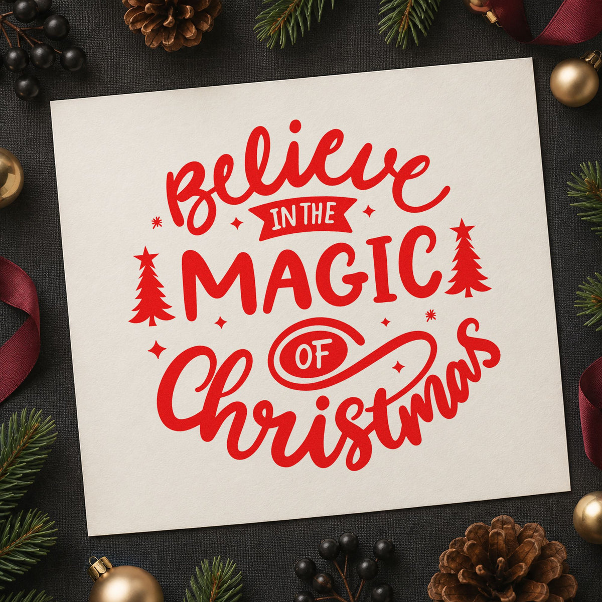 Believe Magic Of Christmas craft stamp in red ink on cardstock, an easy option for tree skirt printing.