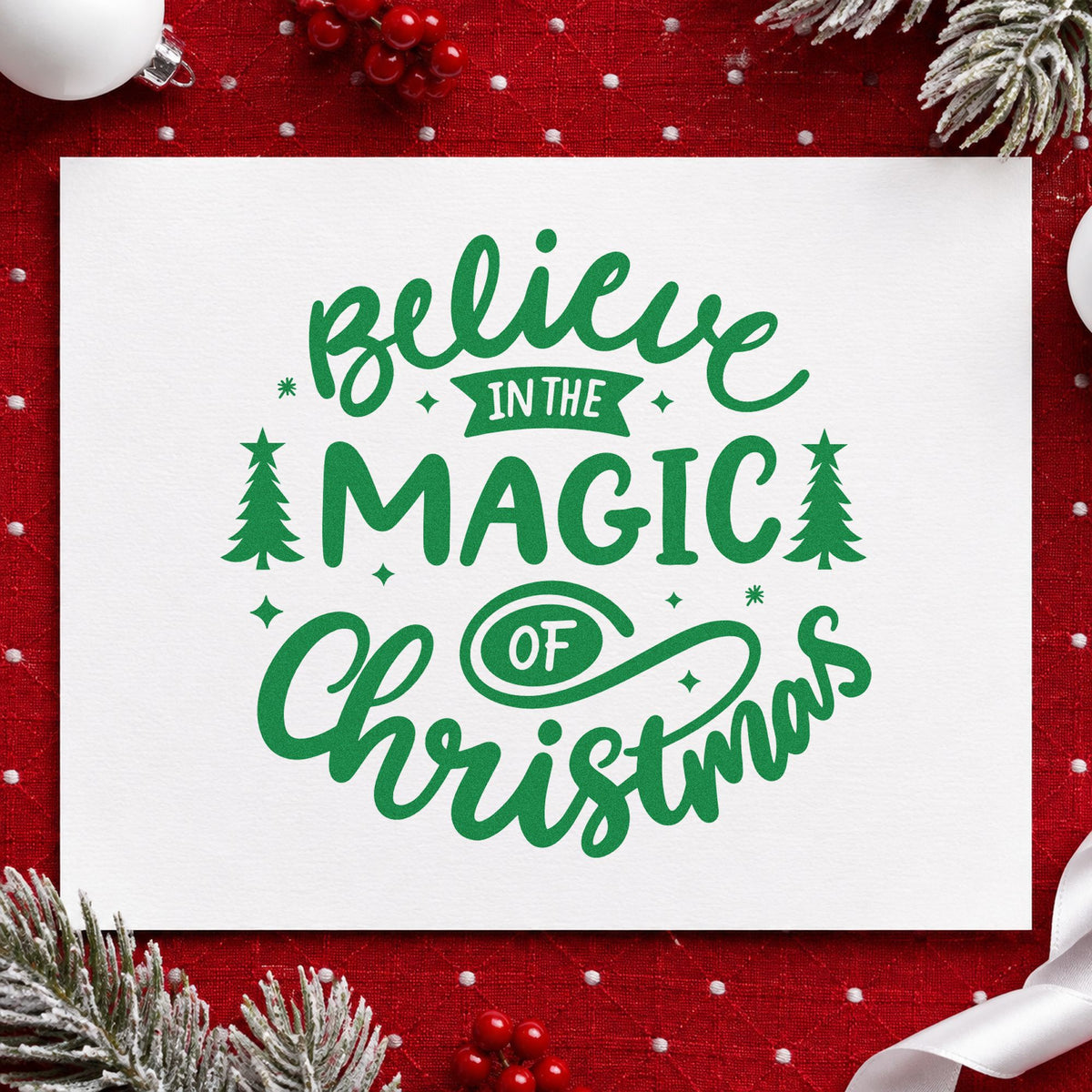 Believe Magic Of Christmas craft stamp imprinted in green ink on paper, a design suited to framed stairwell art.