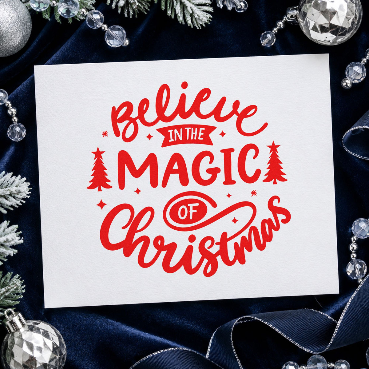 Believe Magic Of Christmas rubber stamp shown in red ink, stamped for projects such as potion bottle labels.
