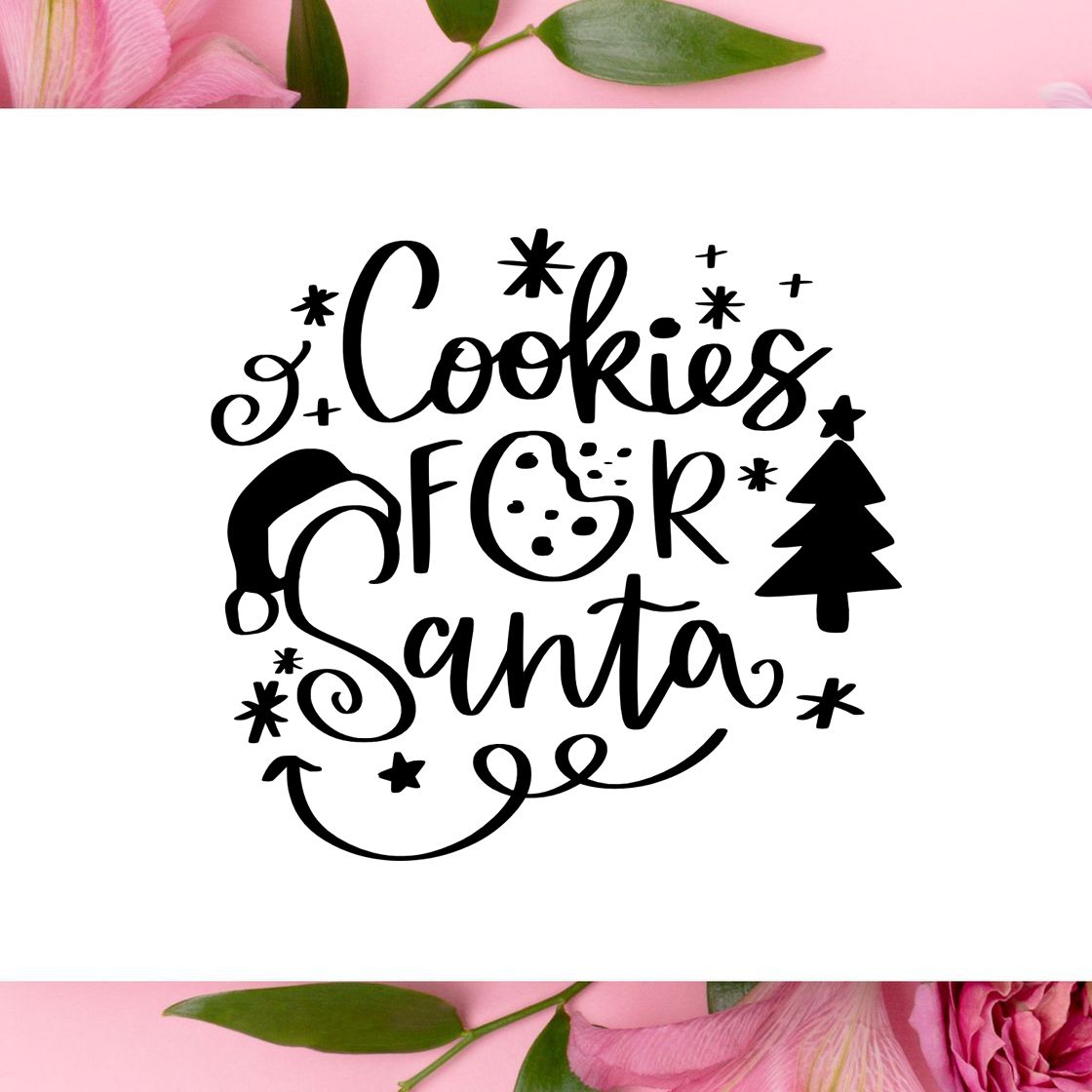 Black Cookies for Santa stamp and seal design with Santa hat, cookie, tree and stars on white, framed by pink flowers.