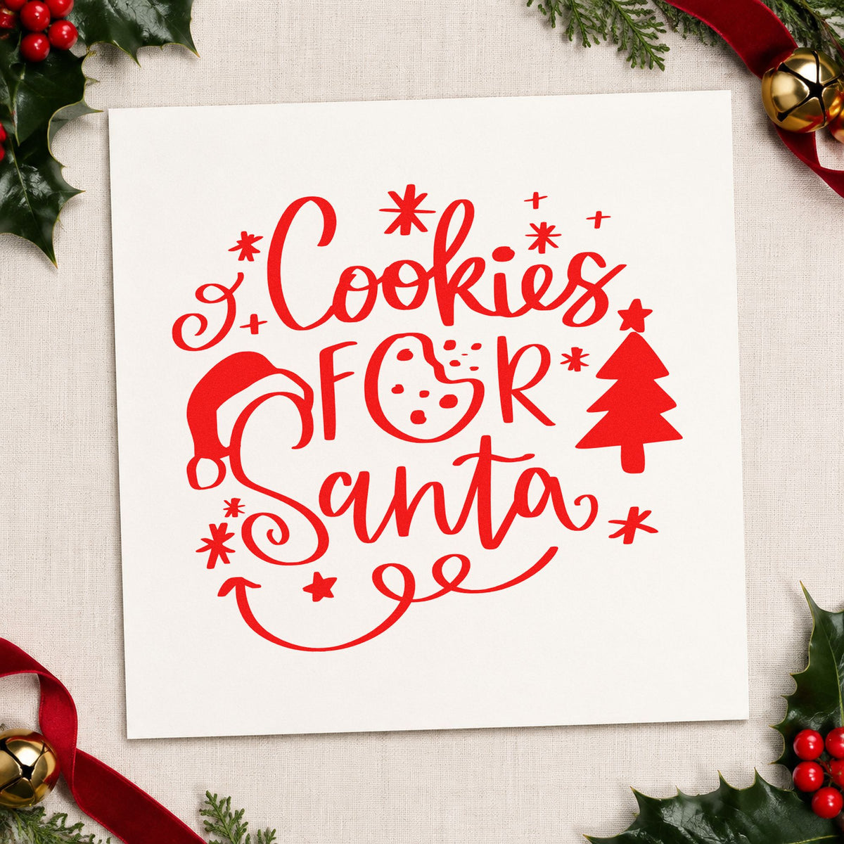 Cookies For Santa craft stamp in red ink on cardstock, an easy option for napkin corner ink.