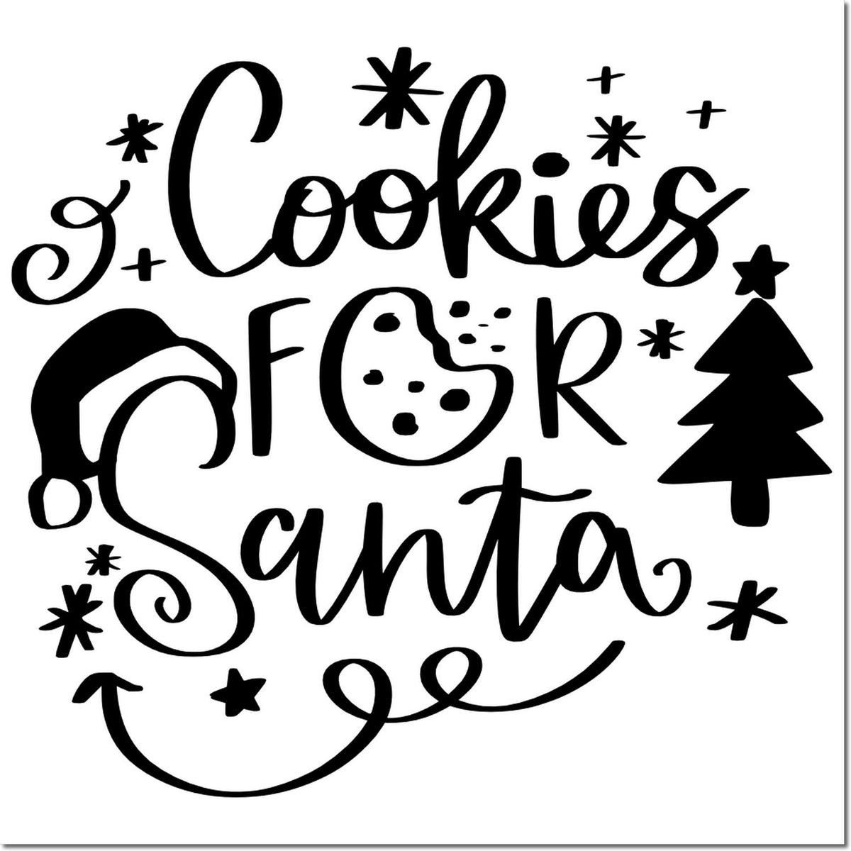 Black Cookies for Santa stamp design with cookie, Santa hat, Christmas tree, and stars.