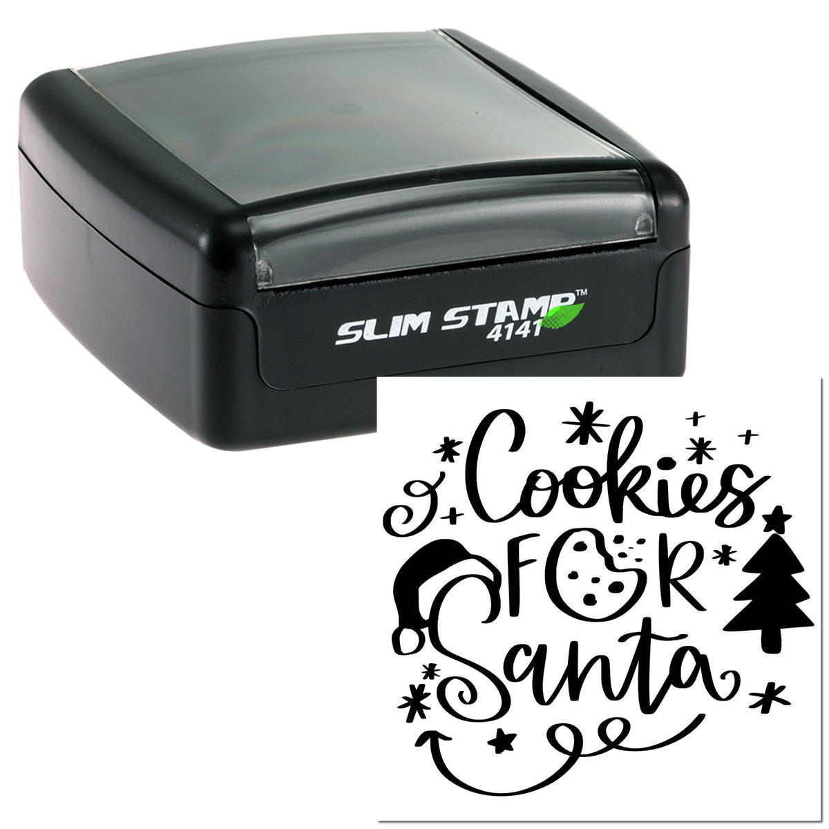 Black Slim Stamp 4141 self-inking seal showing a Cookies for Santa design with stars and a Christmas tree.