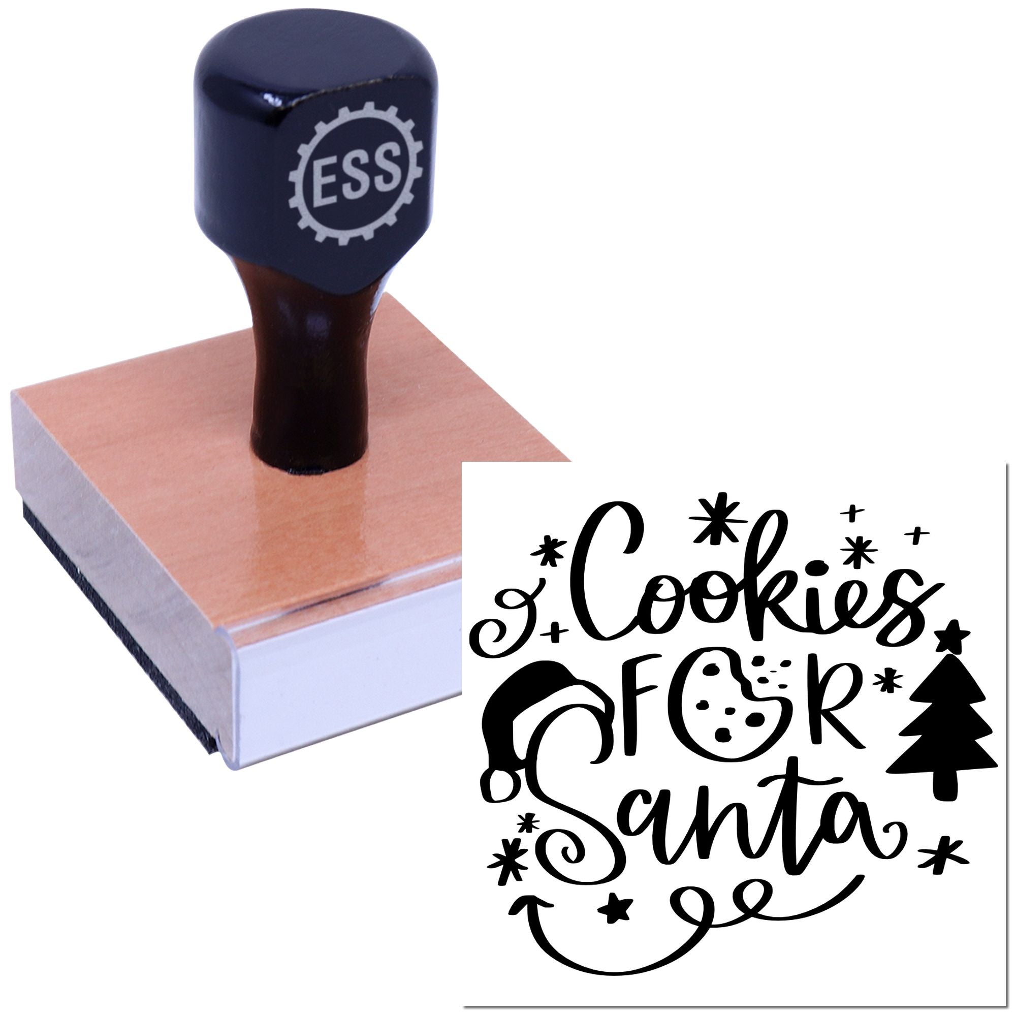 Navy rubber stamp seal with ESS logo on wooden block and black Cookies for Santa design, stars, tree, cookie icon.