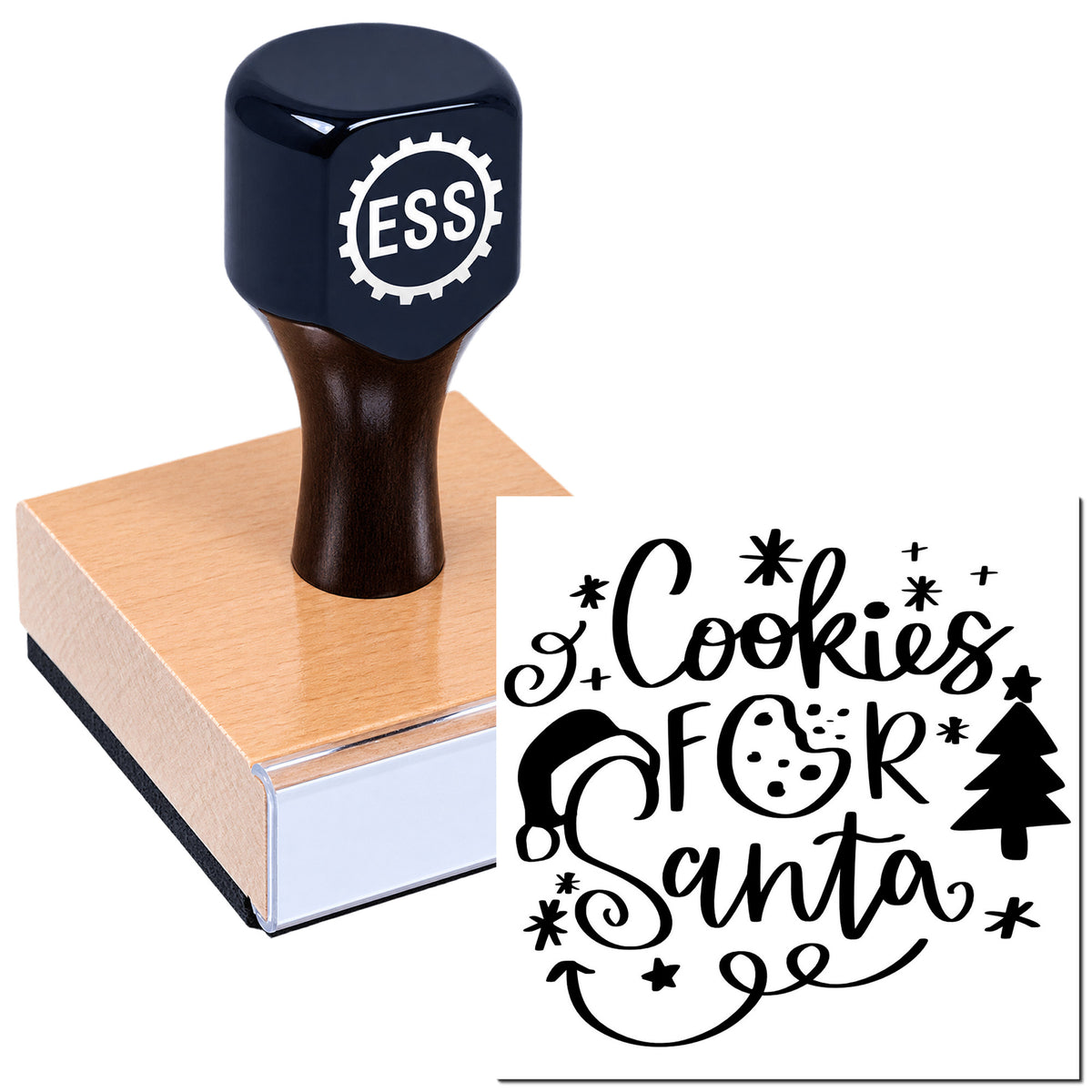Navy rubber stamp seal with ESS logo on wooden block and black "Cookies for Santa" design, stars, tree, cookie icon.