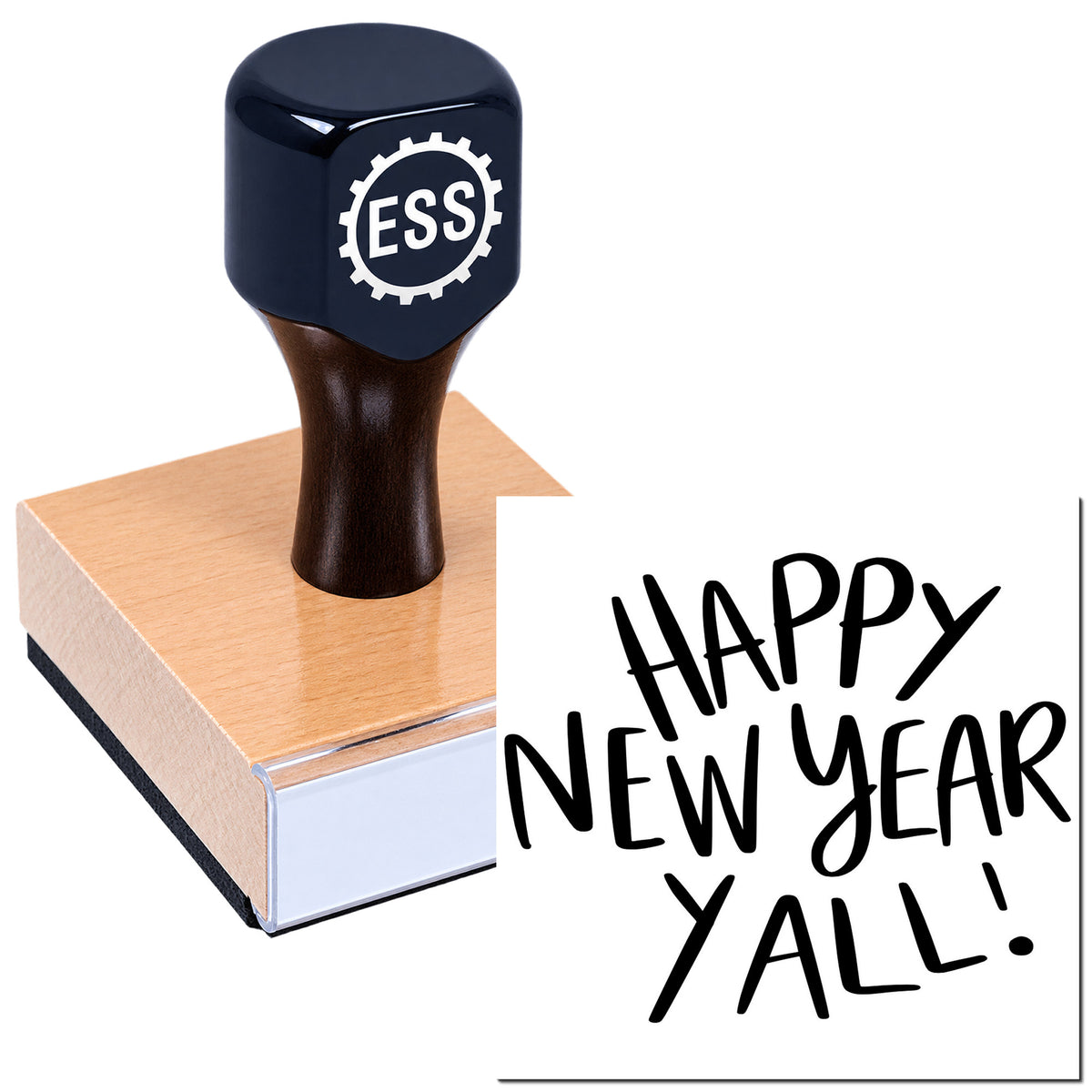Black ESS stamp on wooden block beside white card with bold black "Happy New Year Y'all!" lettering.