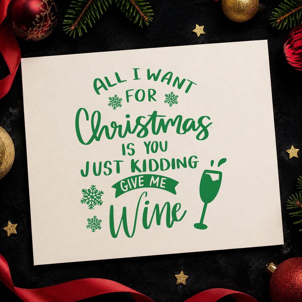 Christmas Just Give Wine craft stamp imprint in green ink on a handmade project, one idea being bottle collar tags.
