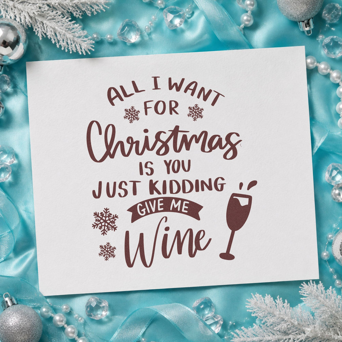 Christmas Just Give Wine rubber stamp printed in brown ink, ready for cellar log pages and similar paper crafts.