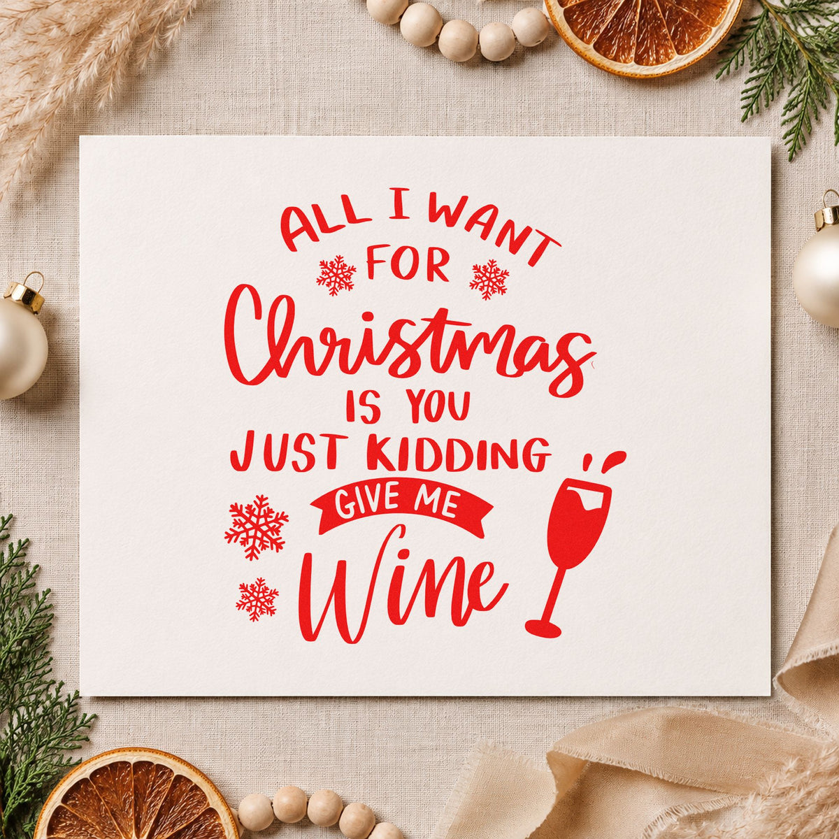 Christmas Just Give Wine craft stamp in red ink on cardstock, an easy option for cork apron printing.