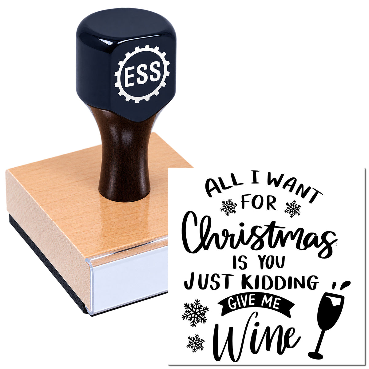 Dark blue ESS rubber stamp on a pink seal block, beside a Christmas wine greeting design.