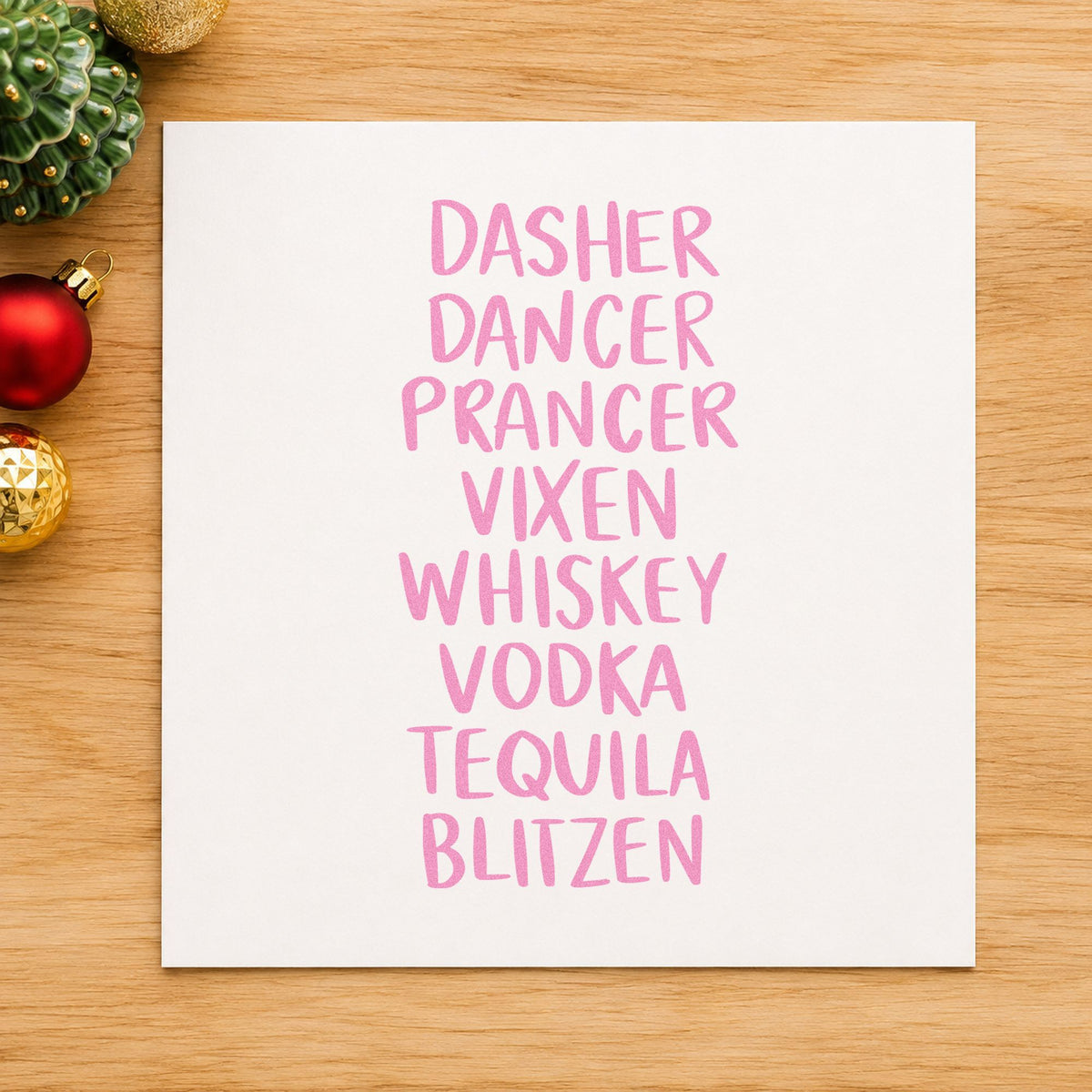 Reindeer And Spirits List craft stamp in purple ink on cardstock, an easy option for pub crawl album page.