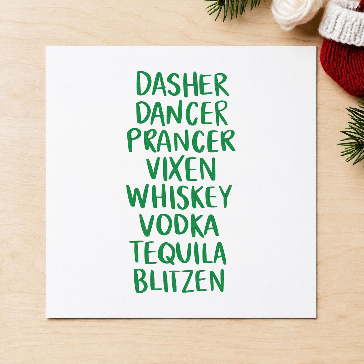Reindeer And Spirits List craft stamp imprint in green ink on a handmade project, one idea being liquor bottle tags.