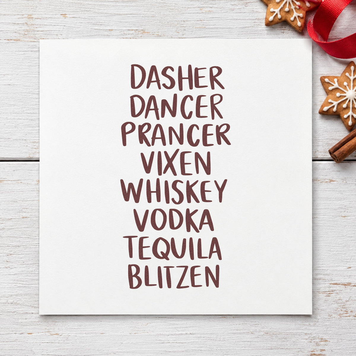 Reindeer And Spirits List rubber stamp printed in brown ink, ready for shot list score card and similar paper crafts.