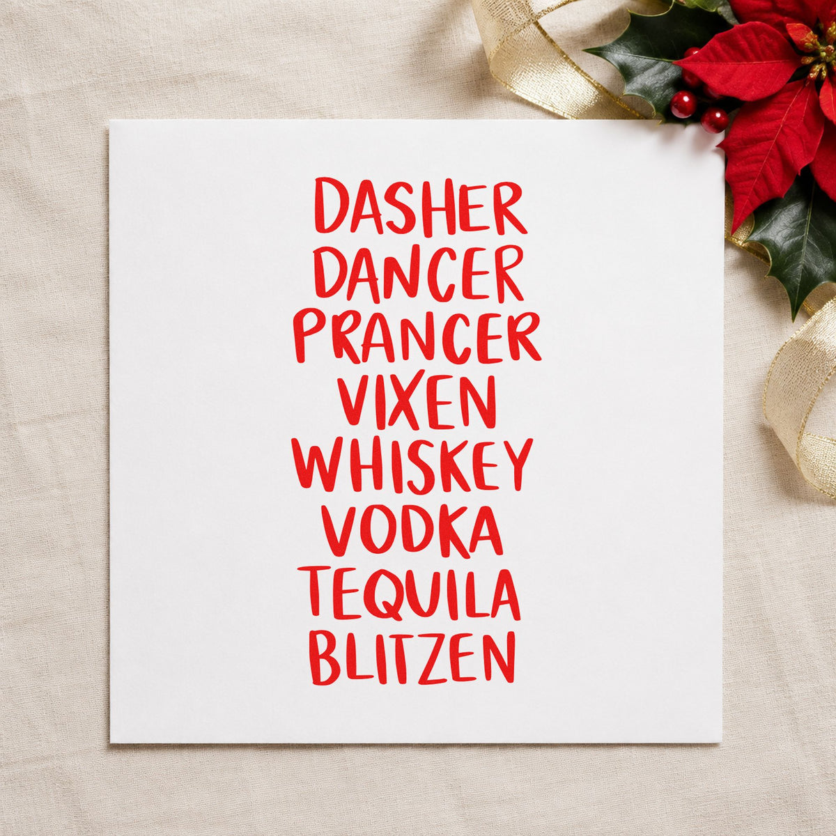 Reindeer And Spirits List craft stamp in red ink on cardstock, an easy option for bartender apron ink.