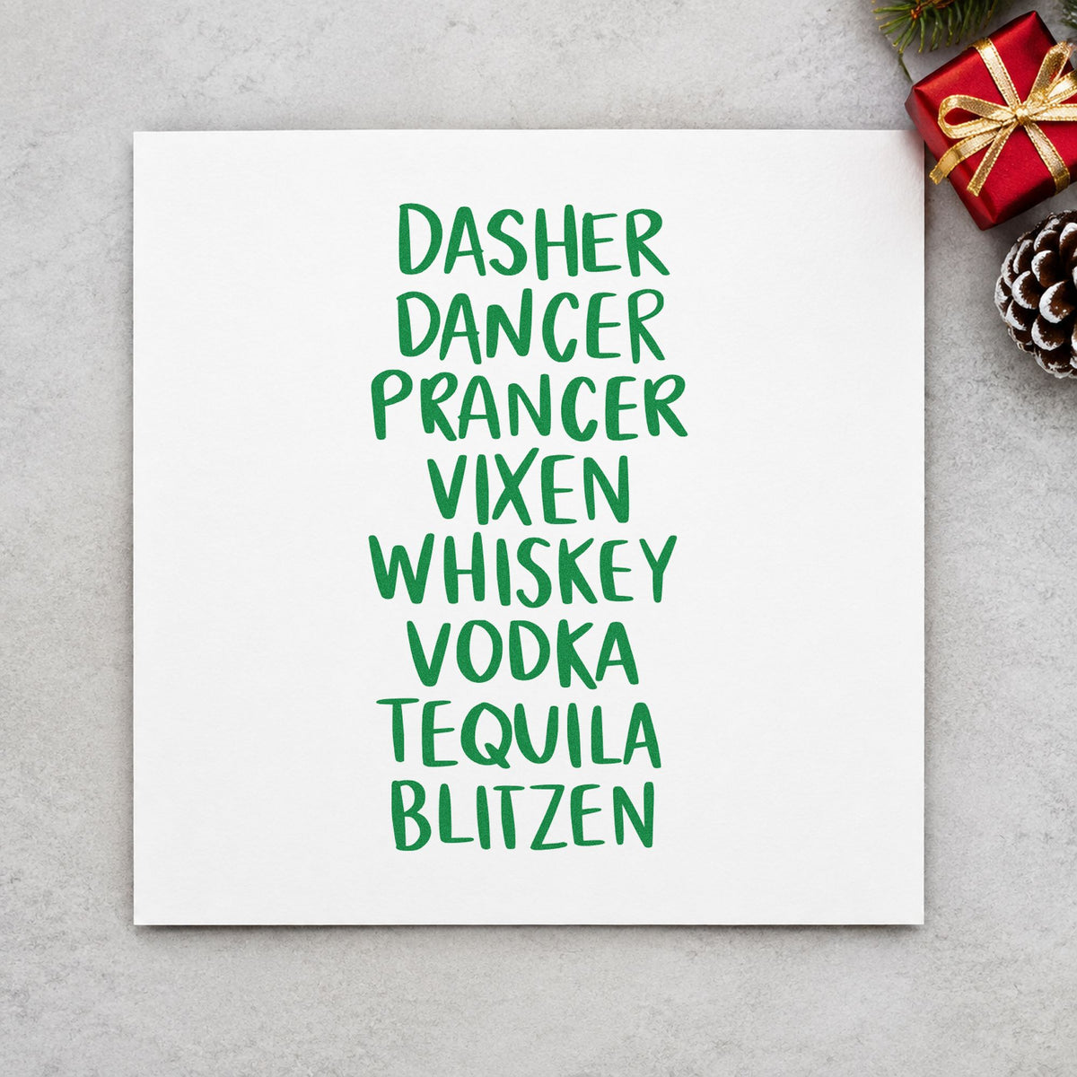 Reindeer And Spirits List craft stamp imprinted in green ink on paper, a design suited to framed basement bar.
