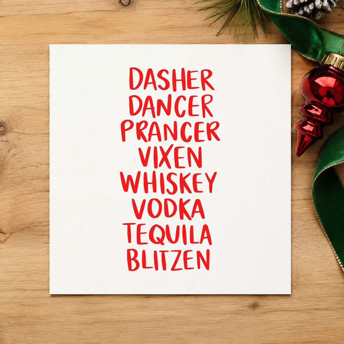 Reindeer And Spirits List rubber stamp shown in red ink, stamped for projects such as flask gift box seals.