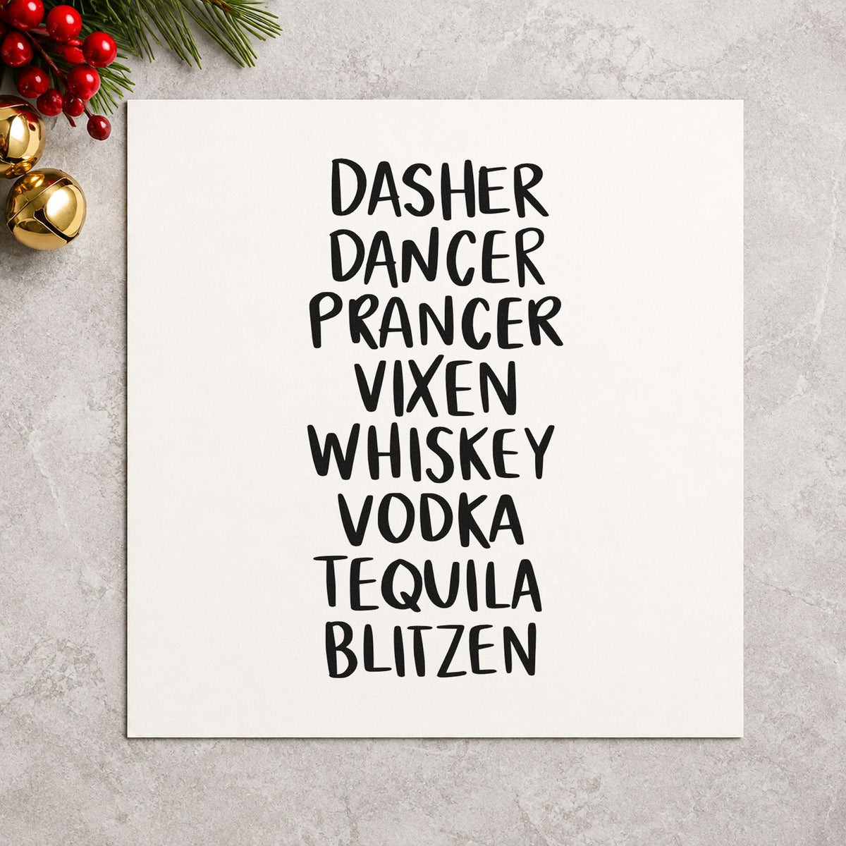 Reindeer And Spirits List rubber stamp printed in black ink, ready for reindeer roster cards and similar paper crafts.