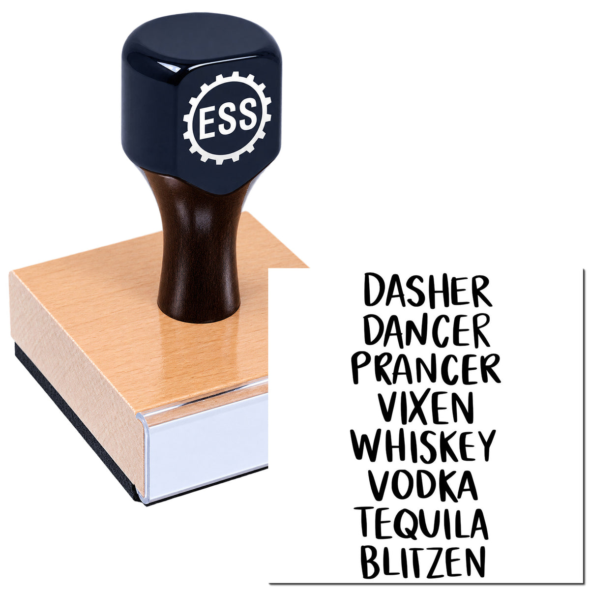 Dark blue ESS rubber stamp on a wooden block beside a seal product list for Dasher, Dancer, Prancer and more