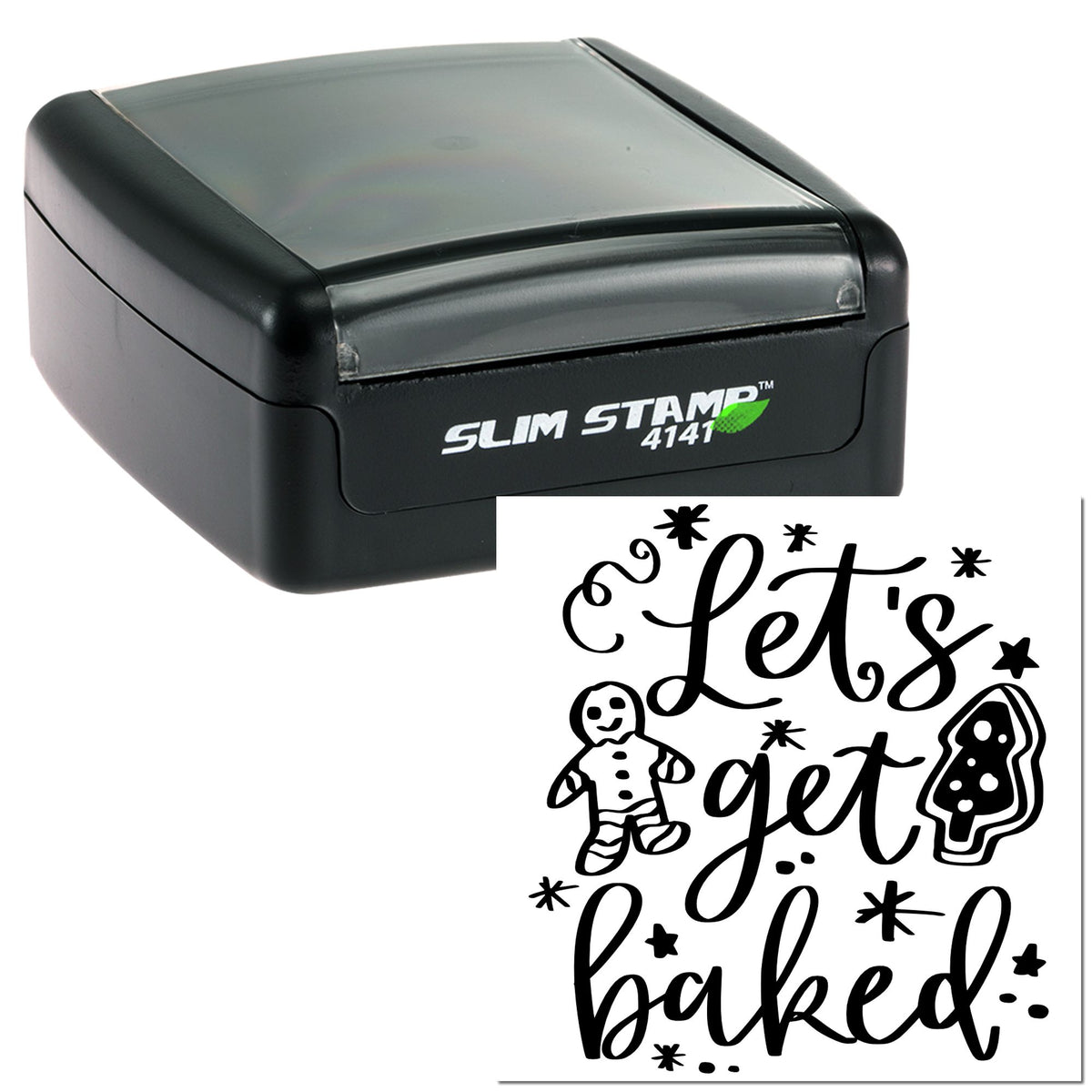 Black slim self-inking stamp and seal with clear cover, showing Lets get baked design, gingerbread man and cookie.