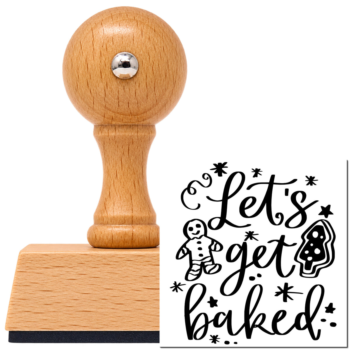 Vintage Pro beech wood stamp with a round knob handle, shown with its black Let's Get Baked Cookies Gingerbread imprint on white.