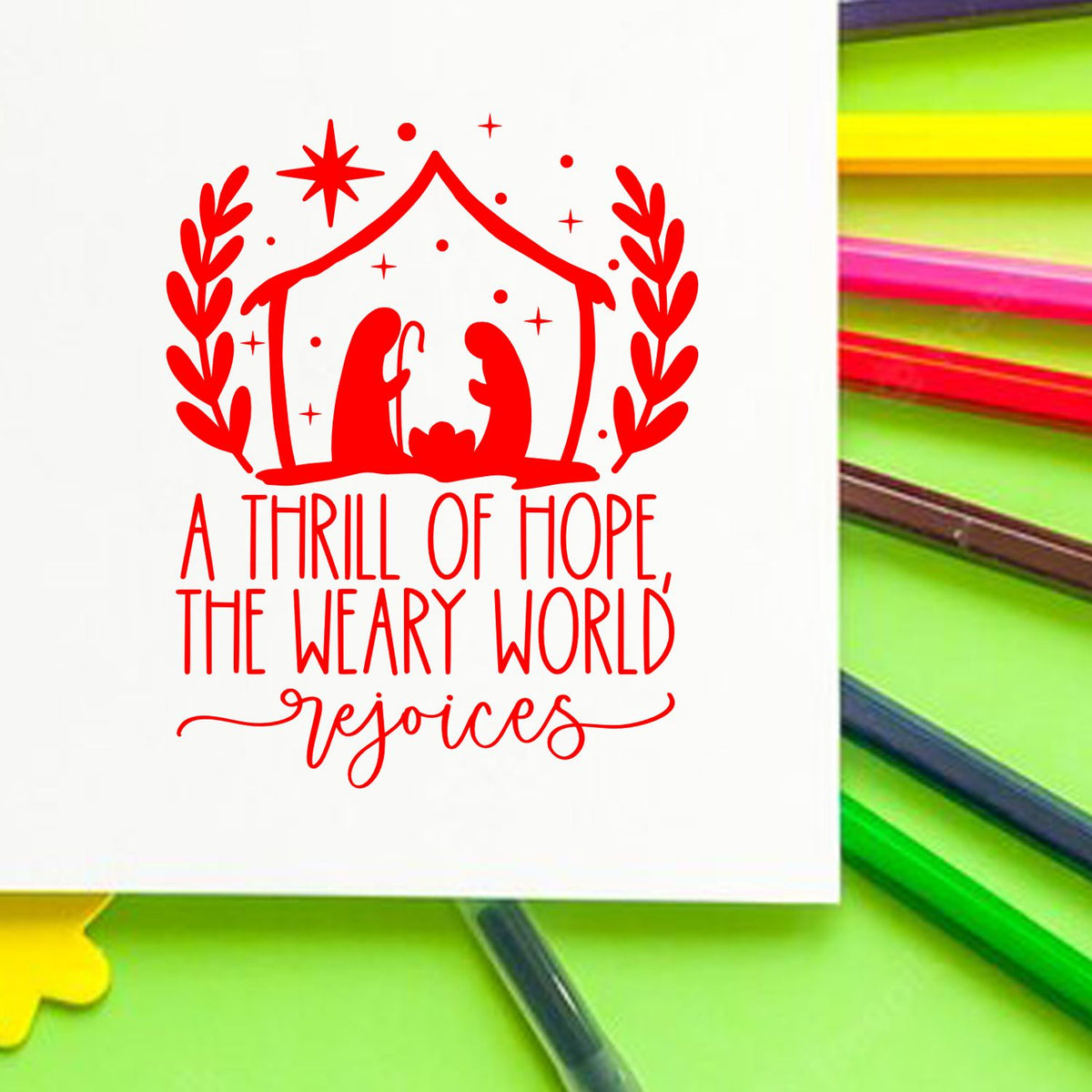 Thrill Of Hope Nativity rubber stamp shown in red ink, stamped for projects such as advent album spread.