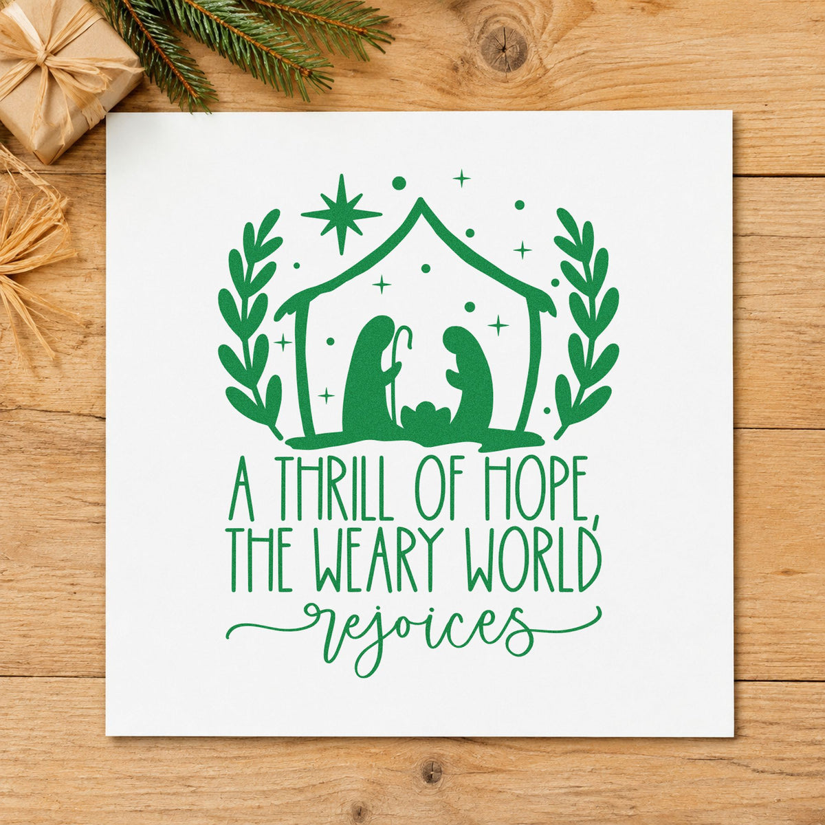 Thrill Of Hope Nativity craft stamp imprint in green ink on a handmade project, one idea being creche gift tags.
