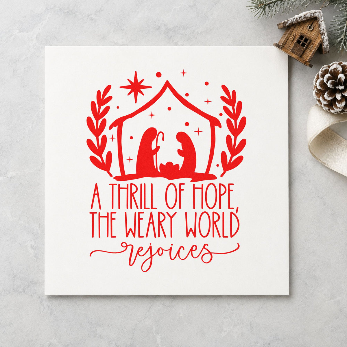 Thrill Of Hope Nativity rubber stamp shown in red ink, stamped for projects such as bulletin fold seals.