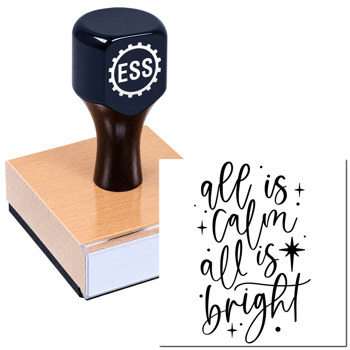 Black ESS stamp and wooden seal block beside handwritten "all is calm all is bright" design.