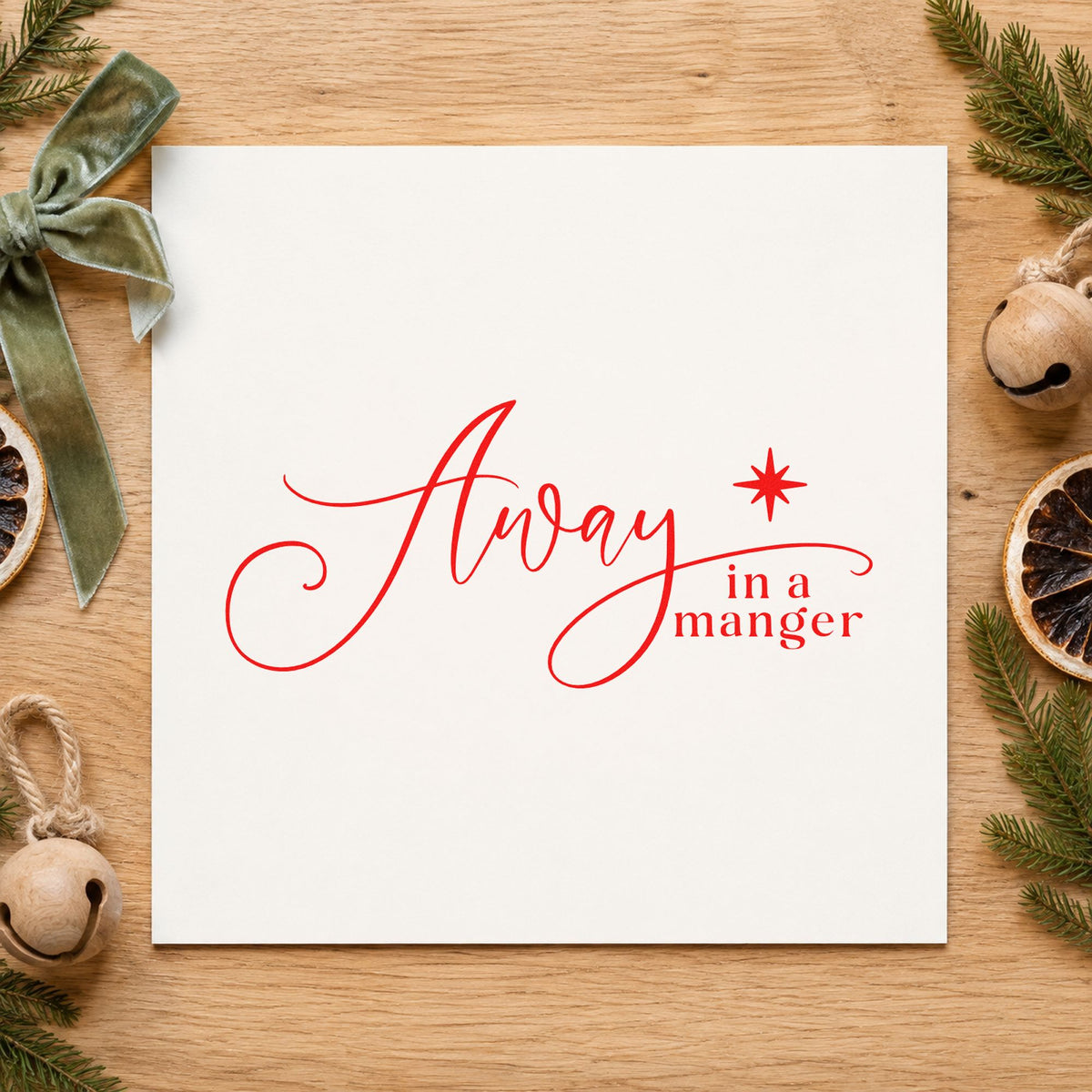 Away In A Manger rubber stamp shown in red ink, stamped for projects such as craft kit seals.