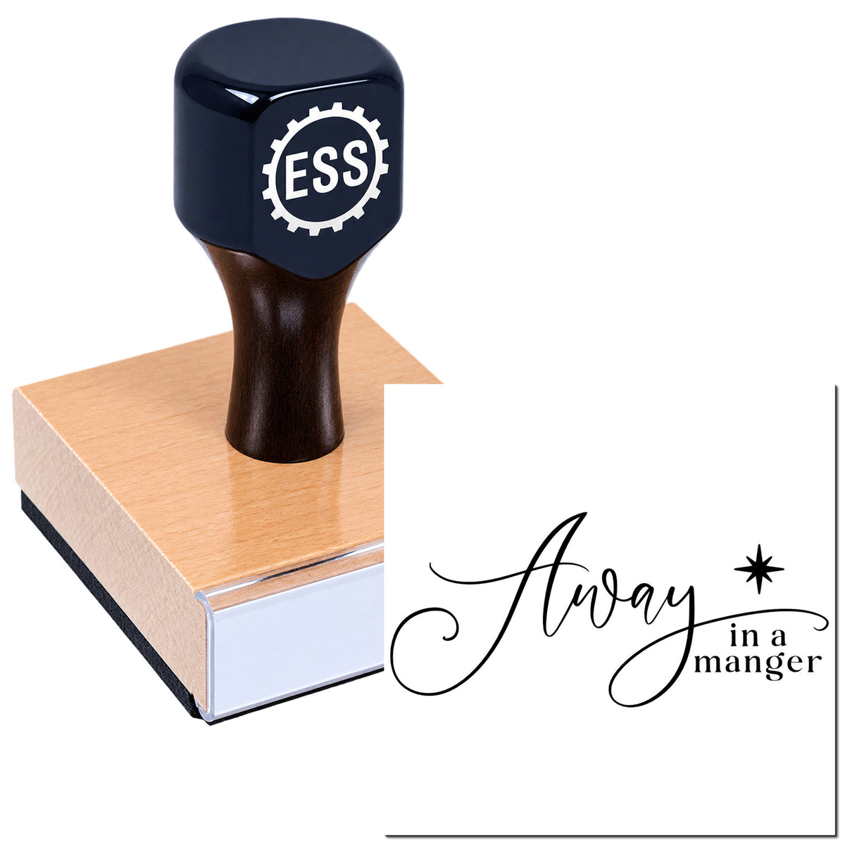 Dark blue ESS rubber stamp seal on wood block with "Away in a manger" script design