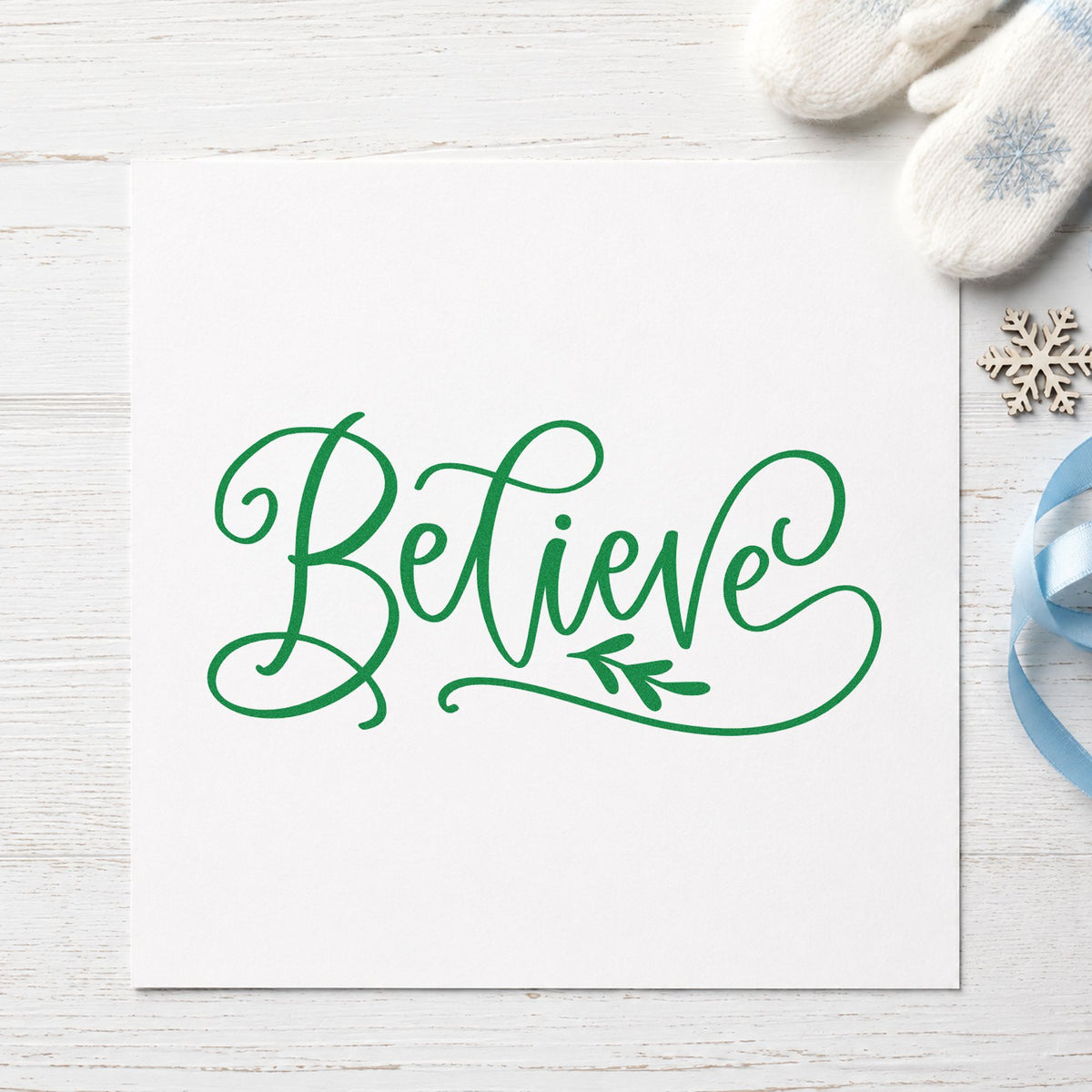 Believe With Leaf Flourish craft stamp imprinted in green ink on paper, a design suited to framed mantel piece.