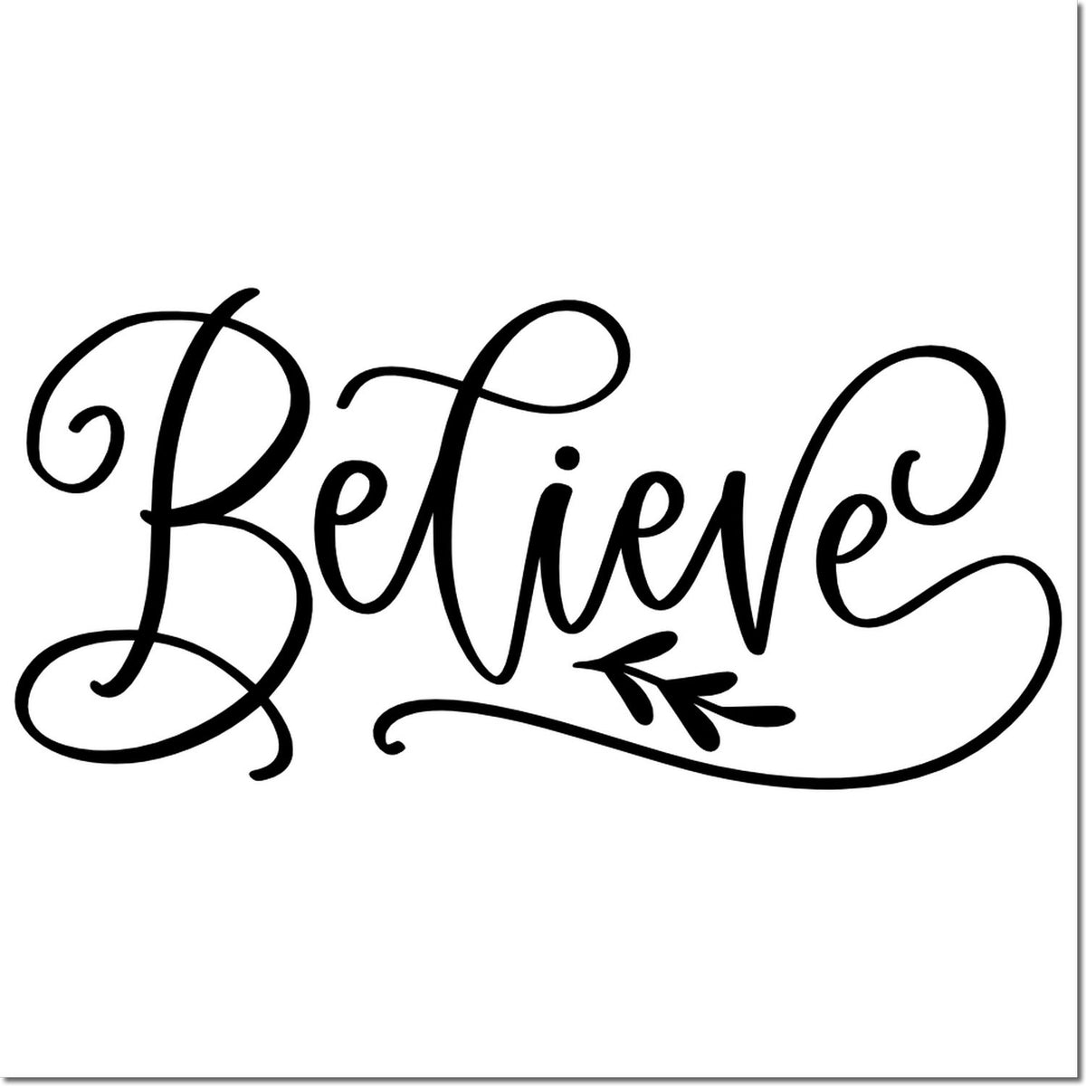 Black Believe script stamp seal with flowing flourishes and leaf accent on a white background.