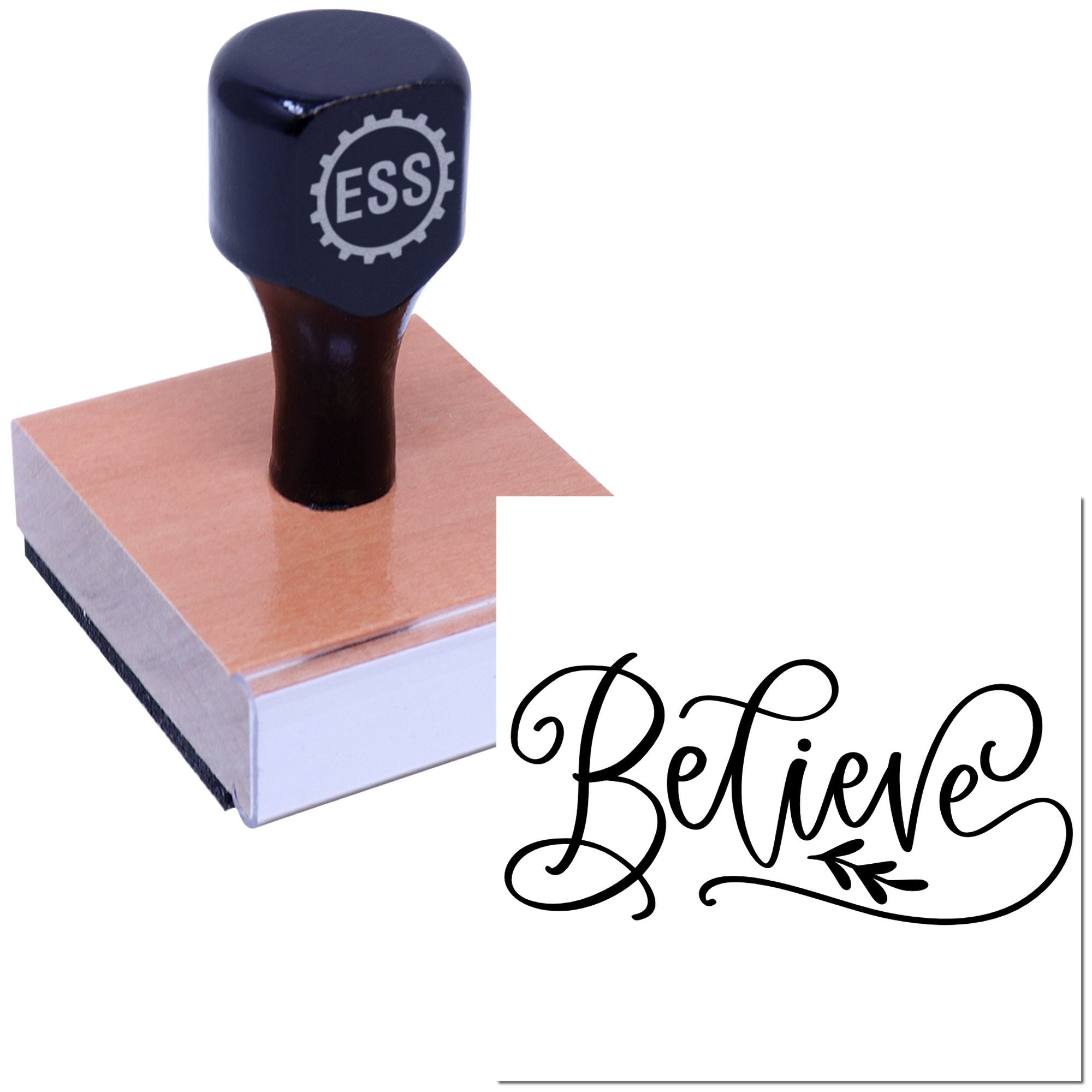 Dark navy ESS custom stamp and wooden seal block with black Believe script on white background.