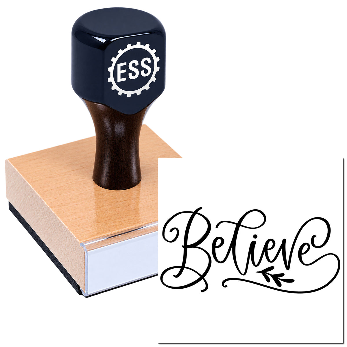 Dark navy ESS custom stamp and wooden seal block with black Believe script on white background.